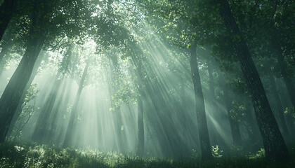 Tall, misty trees with sunlight streaming through the branches, creating a magical and mysterious forest atmosphere