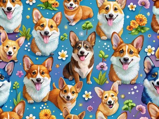 Obraz premium Cute and Colorful Corgi Pattern with Playful Dogs in Various Poses on a Bright Background Design