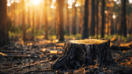 Large Tree Stump in a Deforested Area Under a Bright Sky Symbolizing Environmental Degradation
