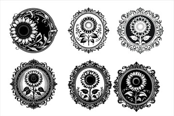 Vector Silhouettes of Sunflower in a Vintage Frame set. Sunflower Silhouette vector Bundle Clipart.