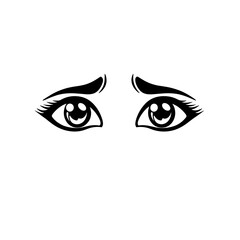 This simple line icon features a pair of expressive black eyes, designed in a minimalistic style with clear outlines and detailed eyelashes, set against a white background