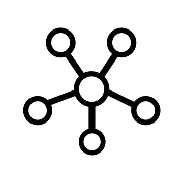 This black line icon illustrates a central node with five connected nodes, symbolizing network structures and connectivity in a minimalistic design, share