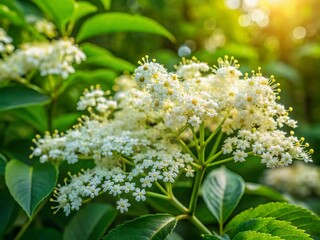 Delicate Elderflowers Blossoming Amidst Lush Green Foliage in a Serene Natural Setting
