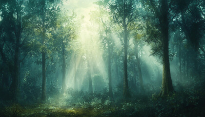 Fototapeta premium Tall, misty trees with sunlight streaming through the branches, creating a magical and mysterious forest atmosphere