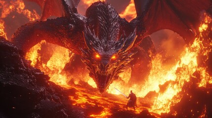 A dramatic digital image depicts a massive, fire-breathing dragon and a lone knight set against a backdrop of erupting volcano for a fighting game-themed wallpaper
