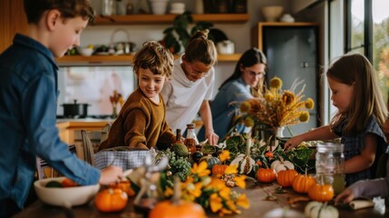 Family engaging in autumn activities, decorating pumpkins together in a home kitchen, with a focus on children and adults enjoying the seasonal craft. Halloween, spooky, haunted concept.