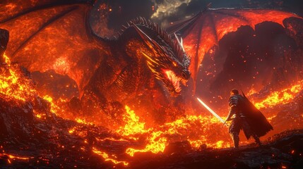 A dramatic digital image depicts a massive, fire-breathing dragon and a lone knight set against a backdrop of erupting volcano for a fighting game-themed wallpaper