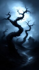 closeup tree sky background boat deep horror twisted vines room mansion fog surrounds location old house sinister lighting spiraling card