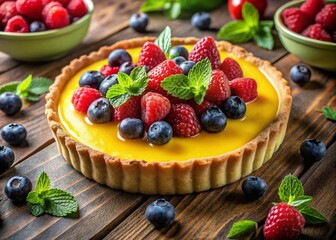 Delicious Lemon Curd Tart with Fresh Berries and Mint Garnish on a Rustic Wooden Table Setting