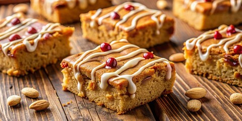 Deliciously Chewy Peanut Butter Blondies on a Rustic Wooden Surface with a Creamy Drizzle on Top