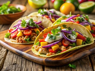 Deliciously Fresh Fish Tacos with Colorful Toppings on a Rustic Wooden Table Ready to Enjoy