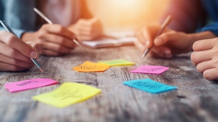 A business team brainstorming ideas for a compelling loan pitch in a creative office space