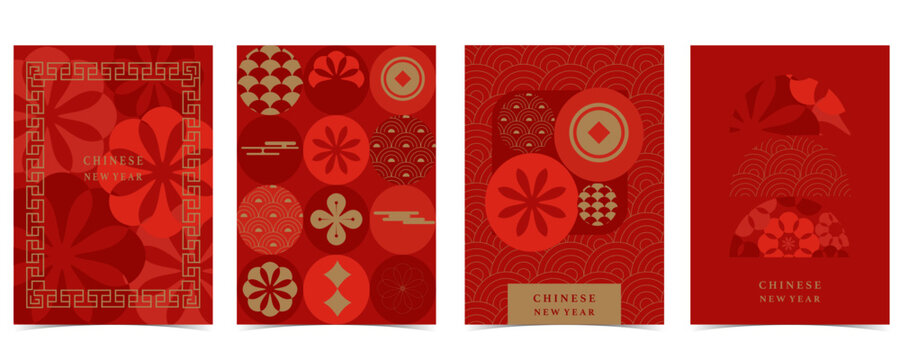 Happy Chinese New Year on red background with flower,lantern.Editable vector illustration for vertical A4 design