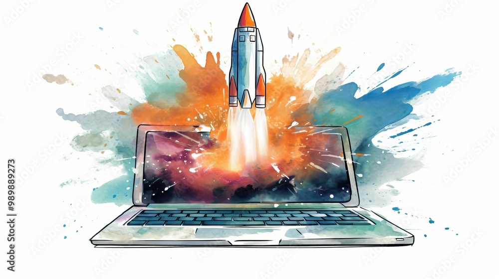 Poster a laptop computer with a rocket on the screen