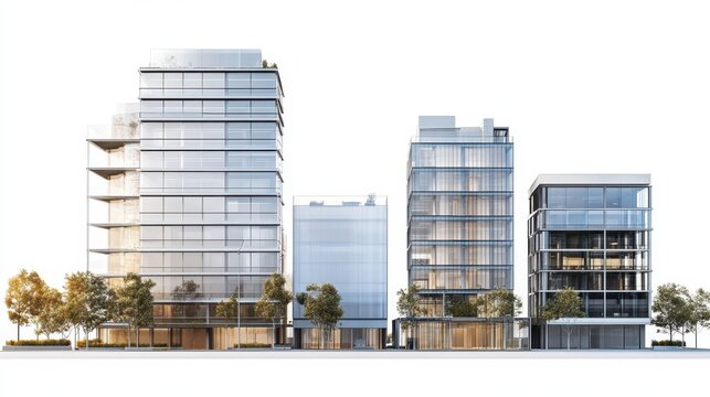 3D rendering of a modern office building complex that combines glass facades, clean lines and green elements. This futuristic architectural design creates an elegant and professional look.