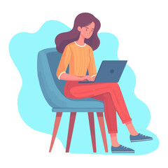 Woman sitting on a chair with laptop flat cartoon Vector illustration