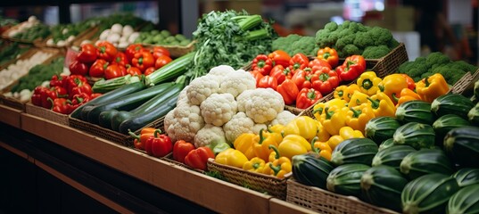 Obraz premium Colorful display of fresh vegetables at a local market in the morning sun