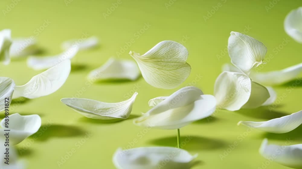 Poster delicate white petals gently floating and scattering against a smooth green background, creating a s