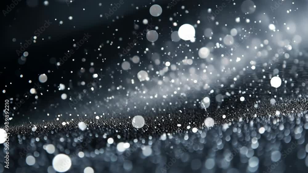 Poster white dots and circles of light float and move across a dark, almost black, background