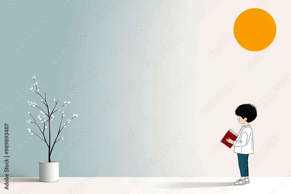 Poster a minimalist illustration of a child holding a book, with simple lines and soft colors capturing the