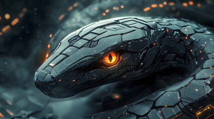 A futuristic snake design with metallic textures and glowing eyes, ideal for tech startups or cryptocurrency advertisements.