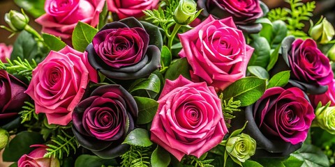 Naklejka premium Elegant Black and Pink Roses Arrangement with Lush Green Foliage for Floral Decoration or Gifts