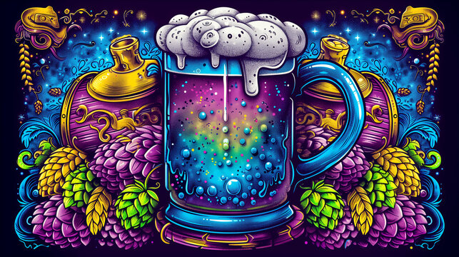 A colorful poster of a beer mug with a blue background and a purple flower. The poster has a fun and playful vibe, with the beer mug being the main focus