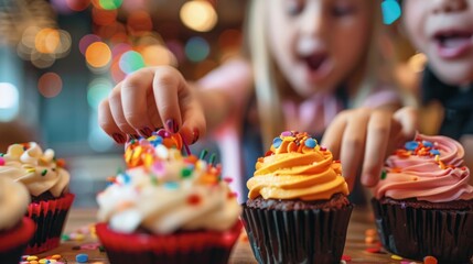 Children excitedly decorate cupcakes with colorful sprinkles at a festive party. Halloween, spooky, haunted concept.