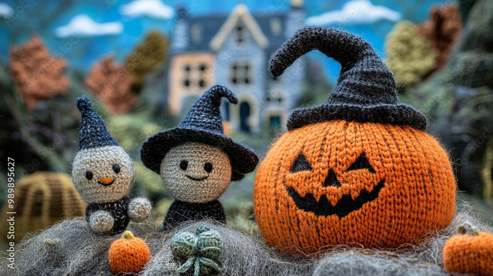 Wall mural A group of knitted Halloween characters, including a pumpkin and two snowmen