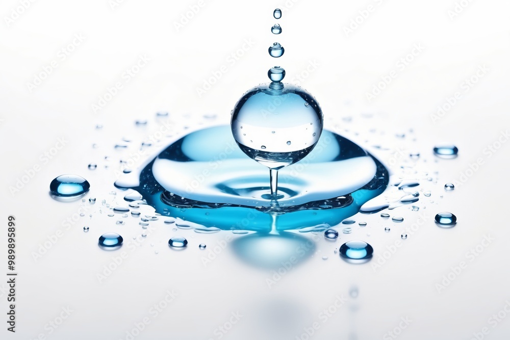 Poster water droplet splashing on a smooth surface, creating concentric circles of ripples in the clear blu