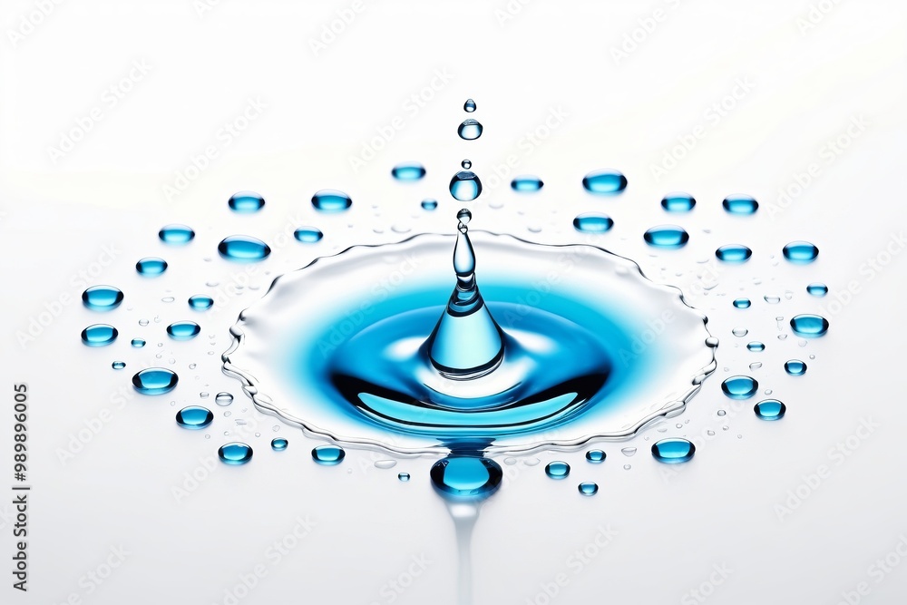 Poster water droplet splashing on a smooth surface, creating concentric circles of ripples in the clear blu