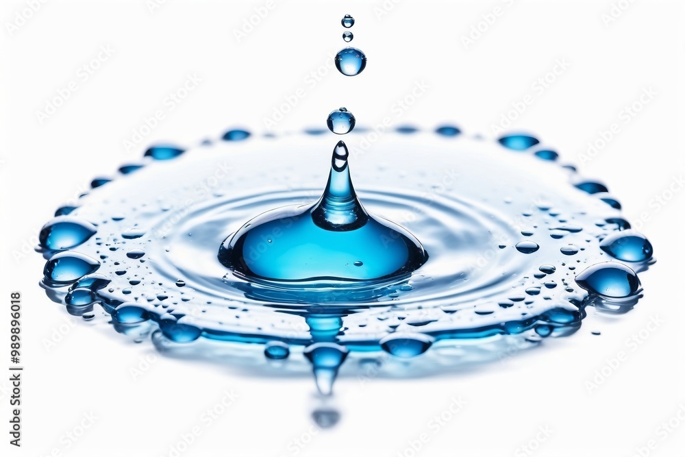 Poster water droplet splashing on a smooth surface, creating concentric circles of ripples in the clear blu