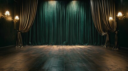 A vintage stage setup with brass sconces casting soft light on the polished wooden floor, The curtains are dark emerald green with gold tassels