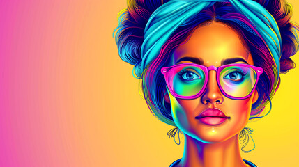 Obraz premium A woman with glasses and a blue bandana is the main focus of the image. The background is a bright yellow color, which adds a pop of color to the scene. Scene is cheerful and vibrant