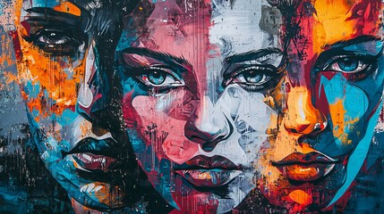 Abstract faces and human figures blending with bold street art, colorful paint splashes