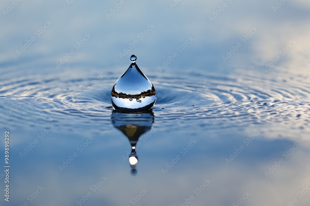 Poster a water droplet splashing on a clear surface creating ripples in a blue liquid, capturing the motion