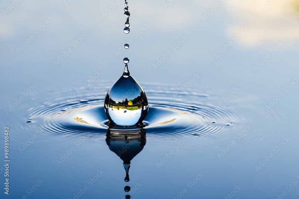 Poster a water droplet splashing on a clear surface creating ripples in a blue liquid, capturing the motion