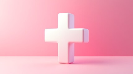 Fototapeta premium 3D white cross symbol on a pink background, minimalistic medical and healthy lifestyle concept.
