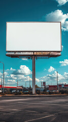 Obraz premium large empty billboard stands tall against bright blue sky with fluffy clouds. 