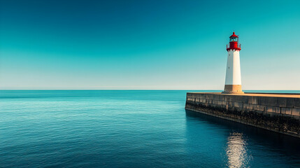 Tall lighthouse stands on a stone pier with a clear blue sky overhead