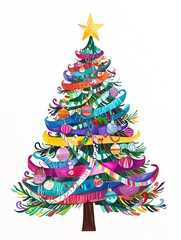 Christmas Tree with Paper Chains: A 2D illustration of a Christmas tree decorated with colorful paper chains, handmade paper ornaments
