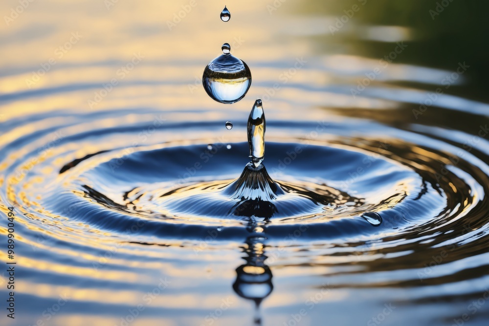 Poster a close-up view of a water droplet splashing on a clear surface, creating ripples and bubbles, showc