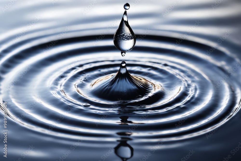 Poster a close-up view of a water droplet splashing on a clear surface, creating ripples and bubbles, showc