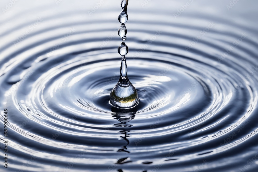 Poster a close-up view of a water droplet splashing on a clear surface, creating ripples and bubbles, showc