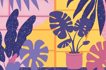 Naklejka premium Graphic illustration of tropical plants in bold yellow and purple colors against a pink background.