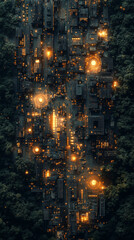 A futuristic city lights up the night, surrounded by lush greenery.