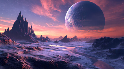A surreal alien landscape featuring mountains, a river, and a large planet in the sky.