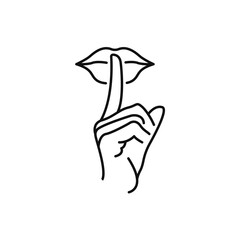 don't be loud icon, finger and lips outline, isolated on white