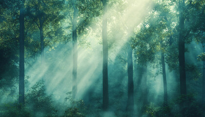 Naklejka premium Tall, misty trees with sunlight streaming through the branches, creating a magical and mysterious forest atmosphere