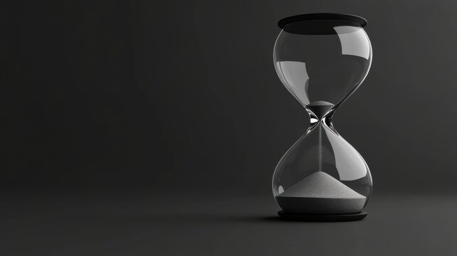 A glass hourglass with sand in it is sitting on a dark background